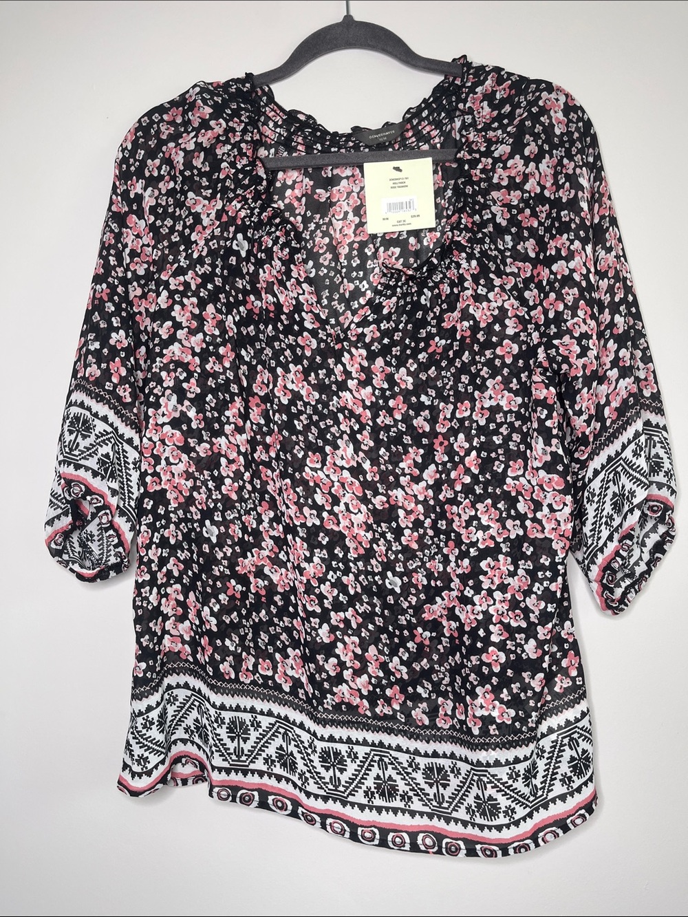 Denver Hayes Women’s Black Floral Border-Print Blouse - Pink & White